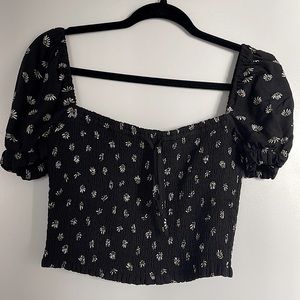 Aritzia-Wilfred Smocked Blouse - Black w/ Flower Print